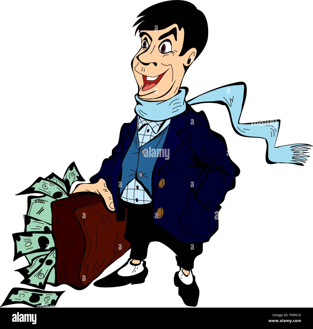 Uomo ricco con una valigia piena di soldi, isolato su sfondo bianco Illustrazione Vettoriale