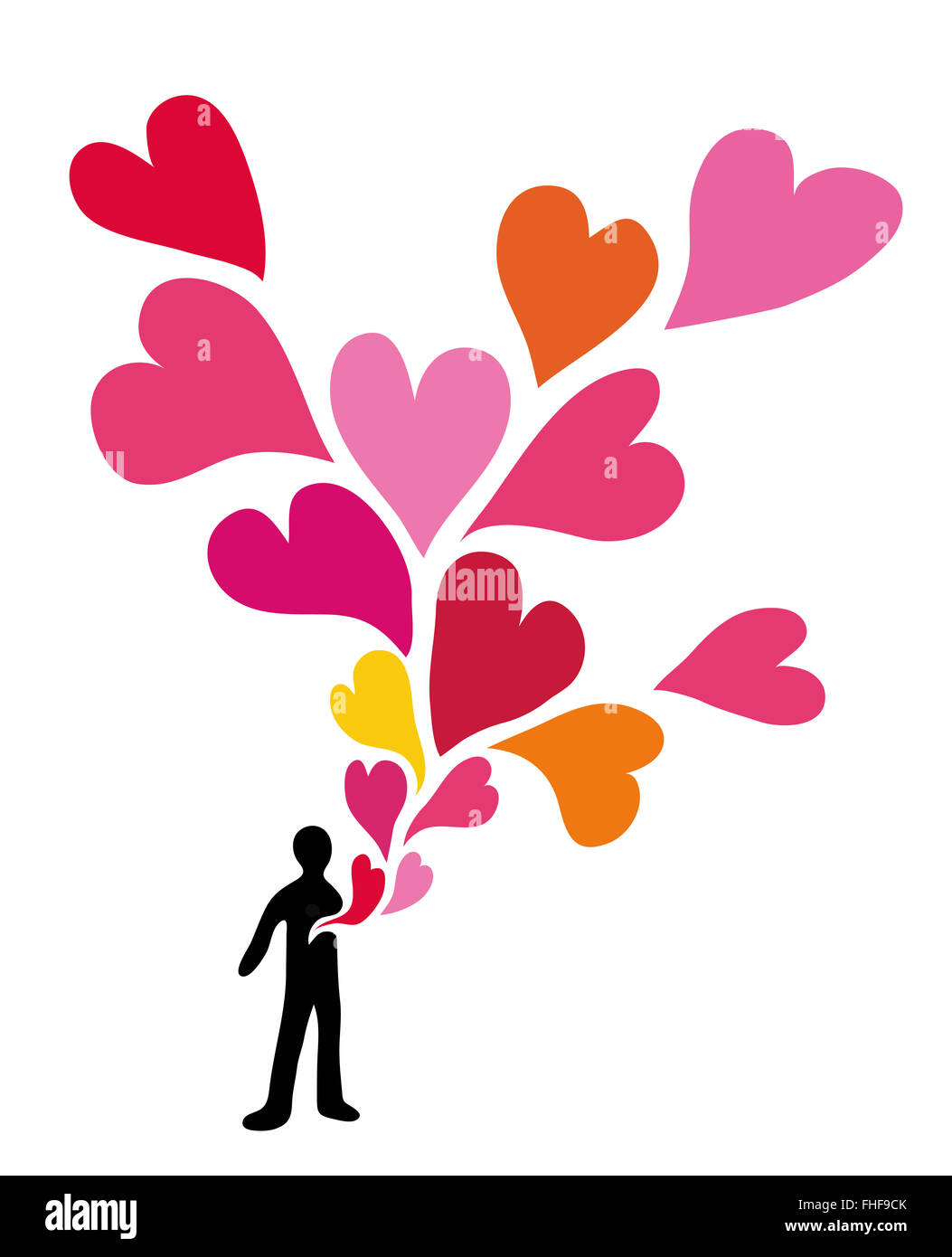 L'amore. cuori che fluisce dal torace dell'uomo. Foto Stock