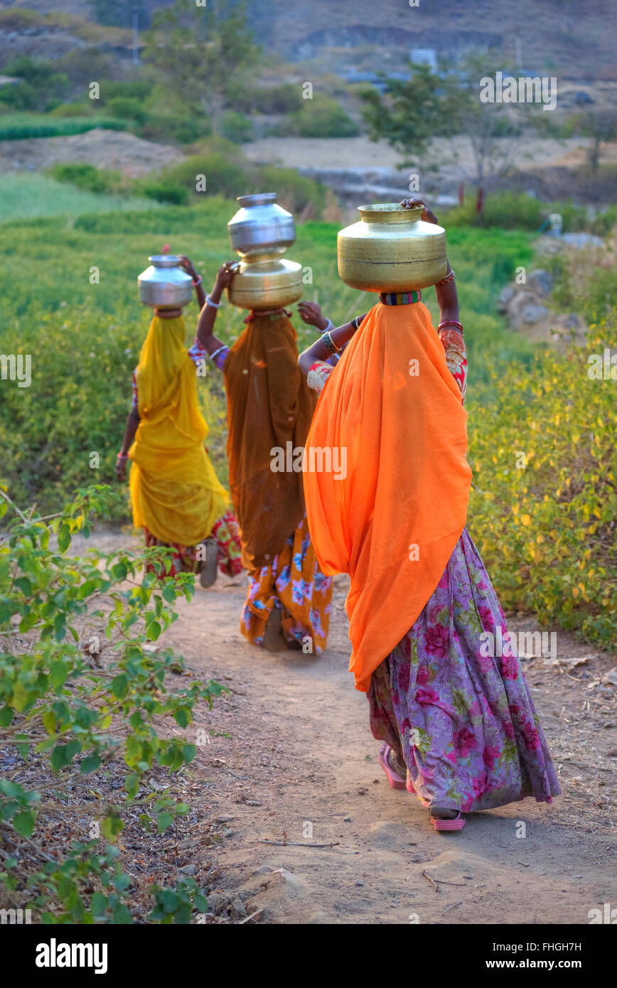 Le donne che trasportano acqua sulla loro testa nelle zone rurali del Rajasthan, India Foto Stock