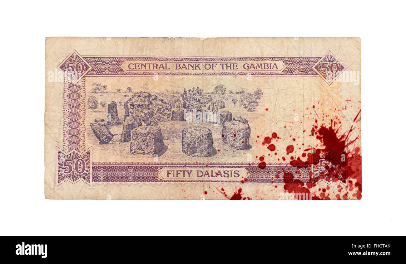 50 Gambiana banca dalasi nota, isolato su bianco, sanguinosa Foto Stock