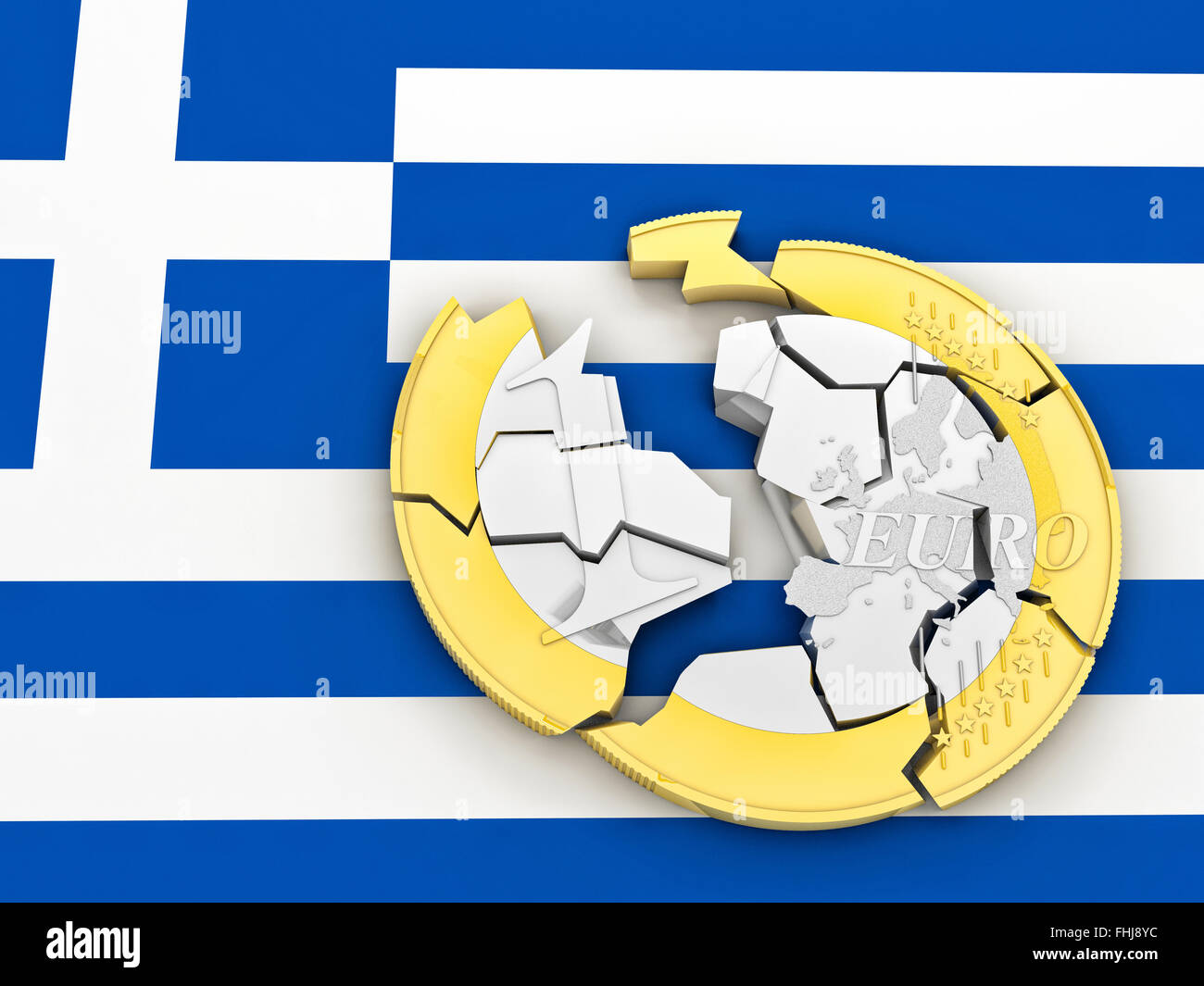 3d rotto euro moneta sulla bandiera greca Foto Stock