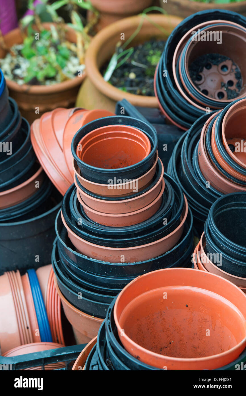 Un assortimento di vasi di fiori in un giardino Foto Stock