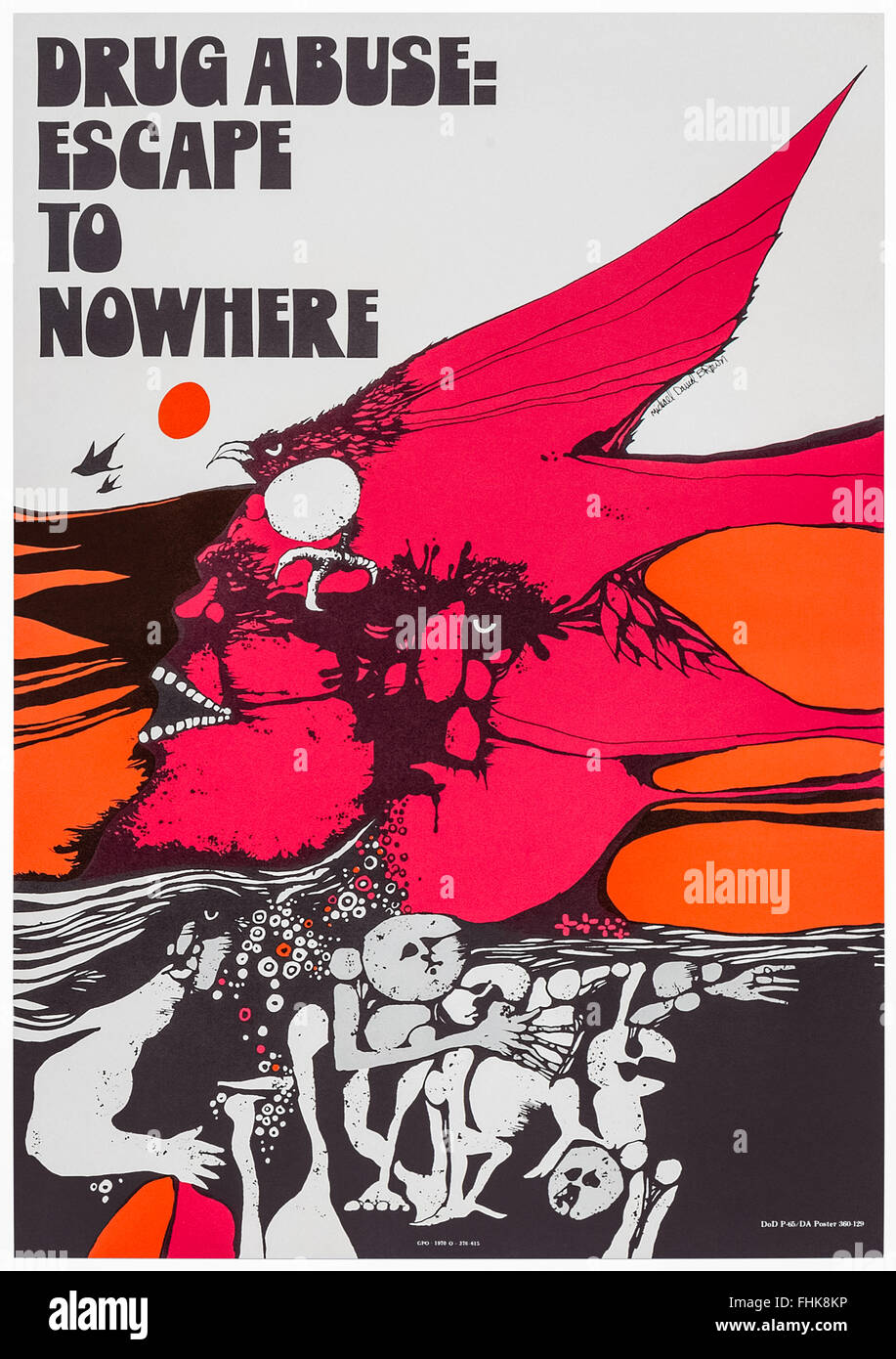 "Abuso di droga: Fuga nel nulla" poster della campagna antidroga del 1970 del designer americano Michael David Brown che illustra le terribili conseguenze della dipendenza aiutata dai soldati americani che tornano a casa dalla guerra del Vietnam, dove il consumo di droga, in particolare marijuana e successivamente eroina era elevato. Si stima che circa il 20% dei soldati fosse dipendente dall'eroina. Pubblicato dal Dipartimento della difesa degli Stati Uniti. Foto Stock