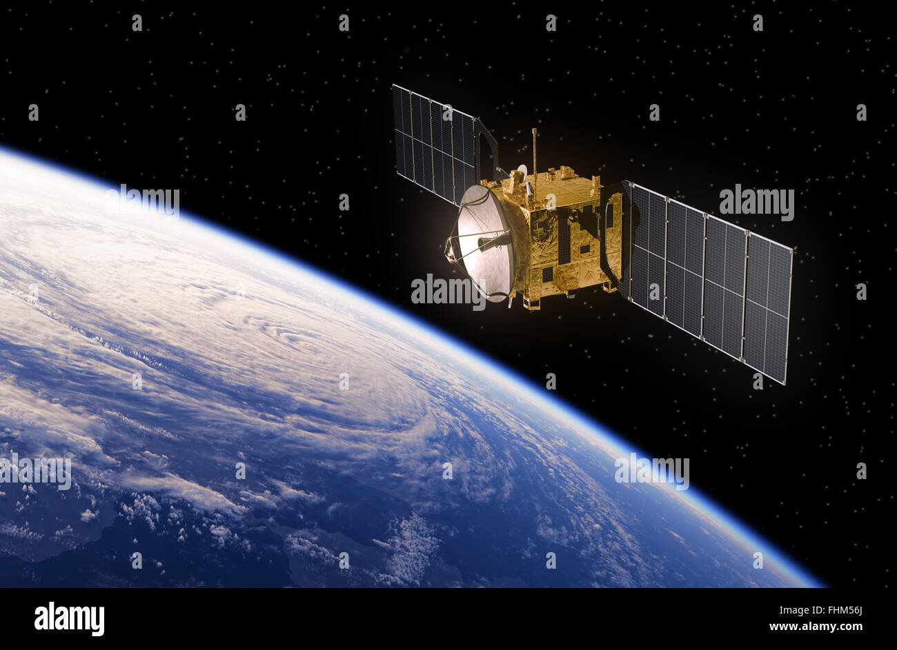 Comunicazioni via satellite in orbita attorno alla terra. Realistiche scene 3D. Foto Stock