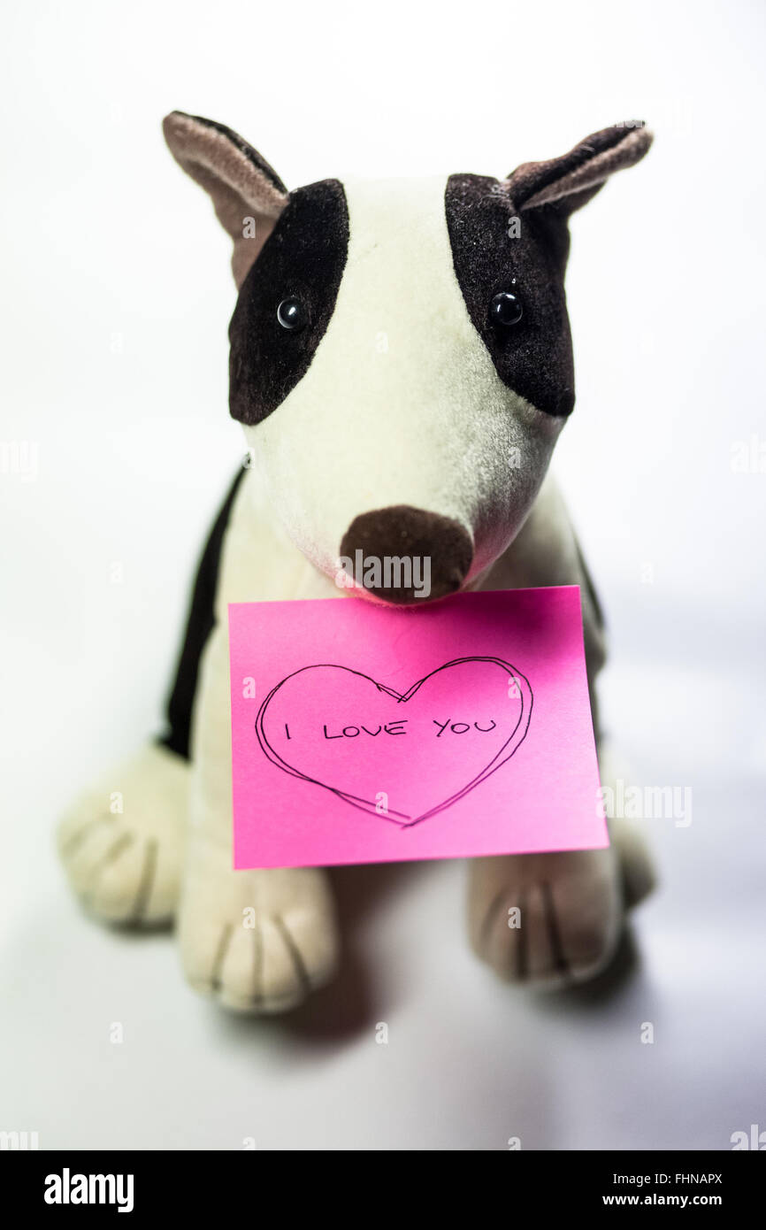 Cane giocattolo con una nota di rosa con il messaggio "ti amo" in un cuore Foto Stock