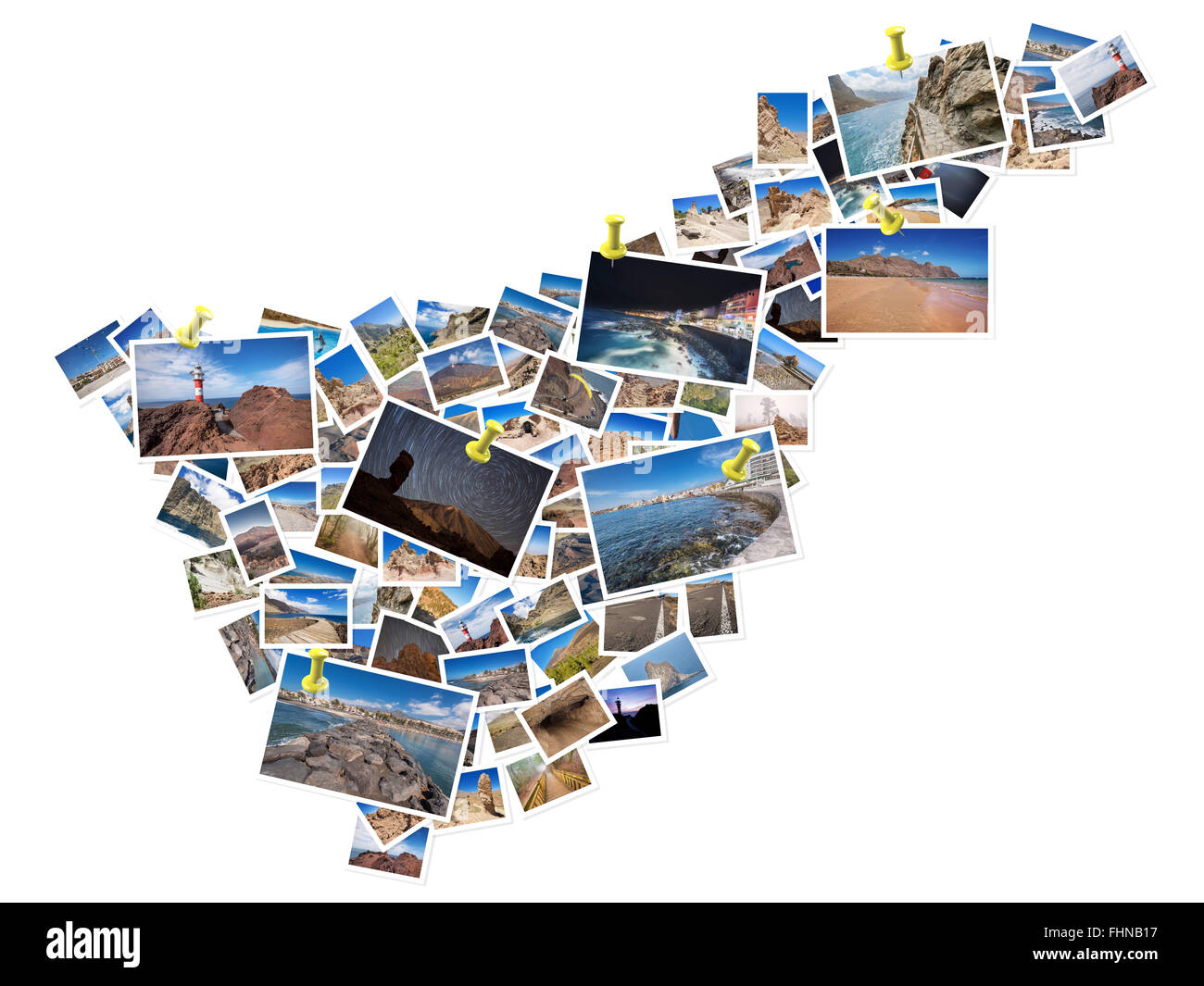 Un collage delle mie migliori fotografie di viaggio di Tenerife, formando la forma dell'isola di Tenerife. La puntina gialla che mostra le posizioni Foto Stock