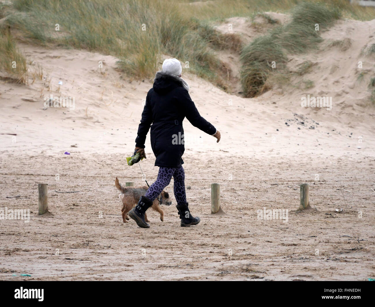 Buona passeggiata con il cane sulla spiaggia Ainsdale Merseyside, Regno Unito Foto Stock