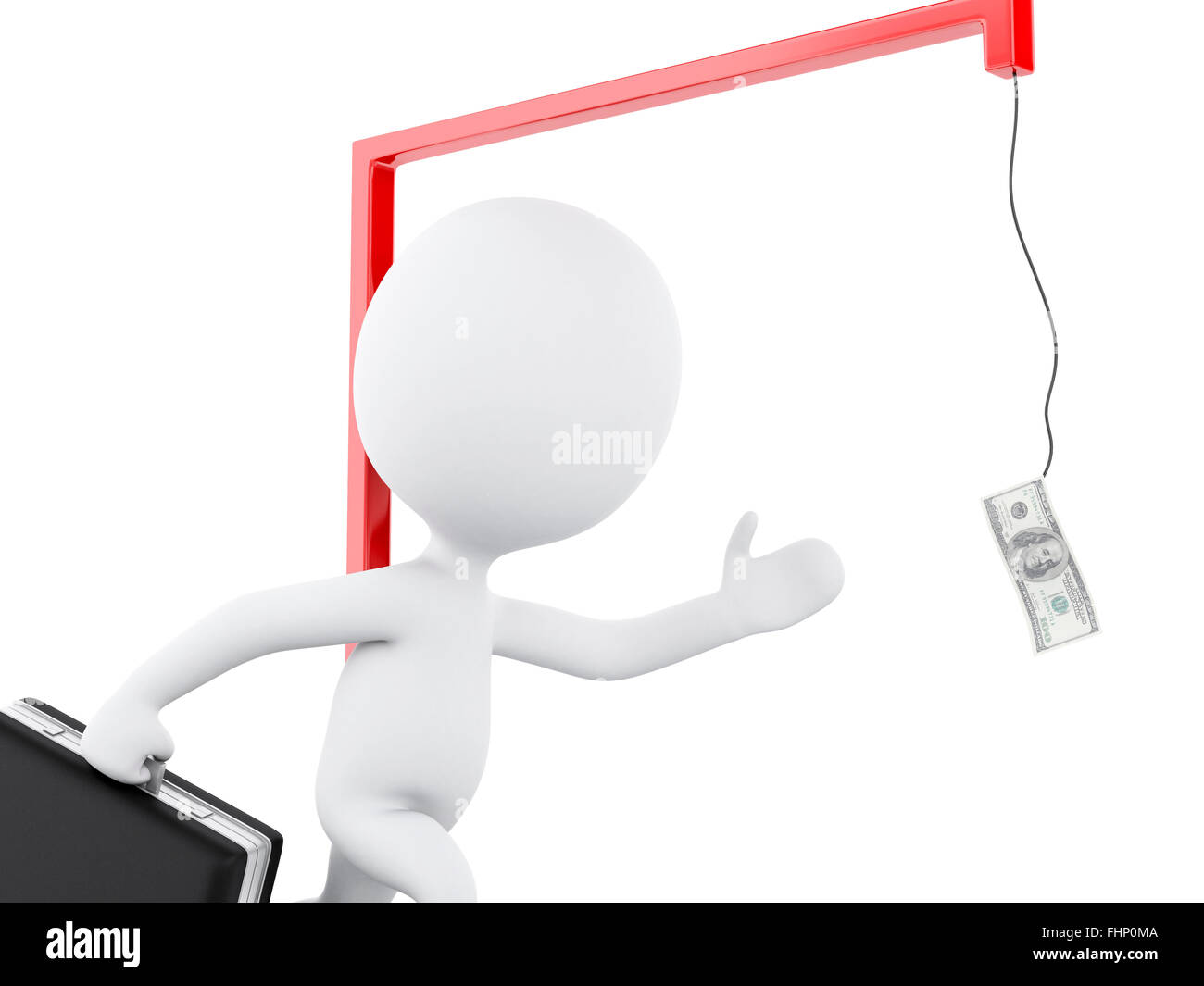 3D renderer immagine. White la gente di affari in esecuzione dopo il denaro. Il concetto di business. Isolato sfondo bianco Foto Stock