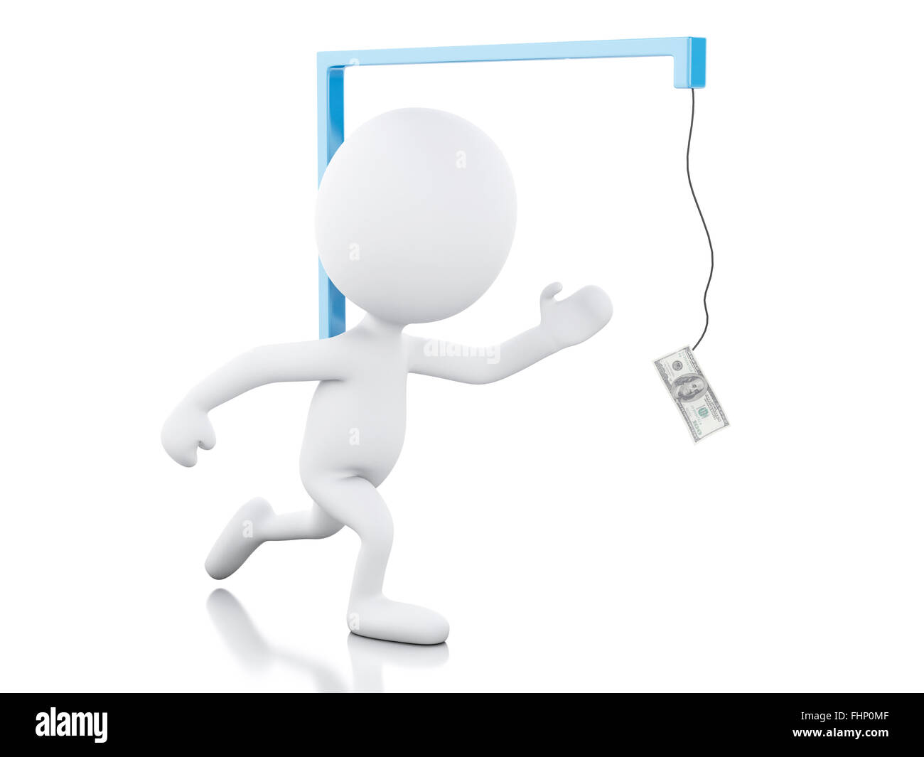 3D renderer immagine. White la gente di affari in esecuzione dopo il denaro. Il concetto di business. Isolato sfondo bianco Foto Stock