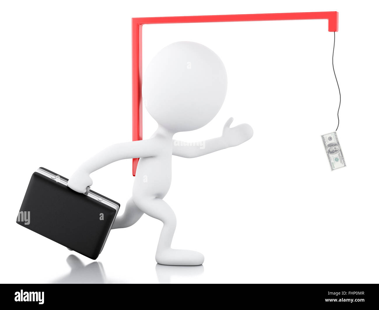 3D renderer immagine. White la gente di affari in esecuzione dopo il denaro. Il concetto di business. Isolato sfondo bianco Foto Stock
