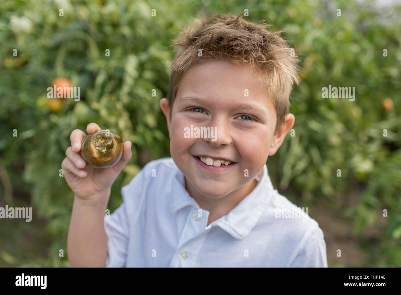 Ritratto di Little Boy tenendo il pomodoro con morso mancante Foto Stock