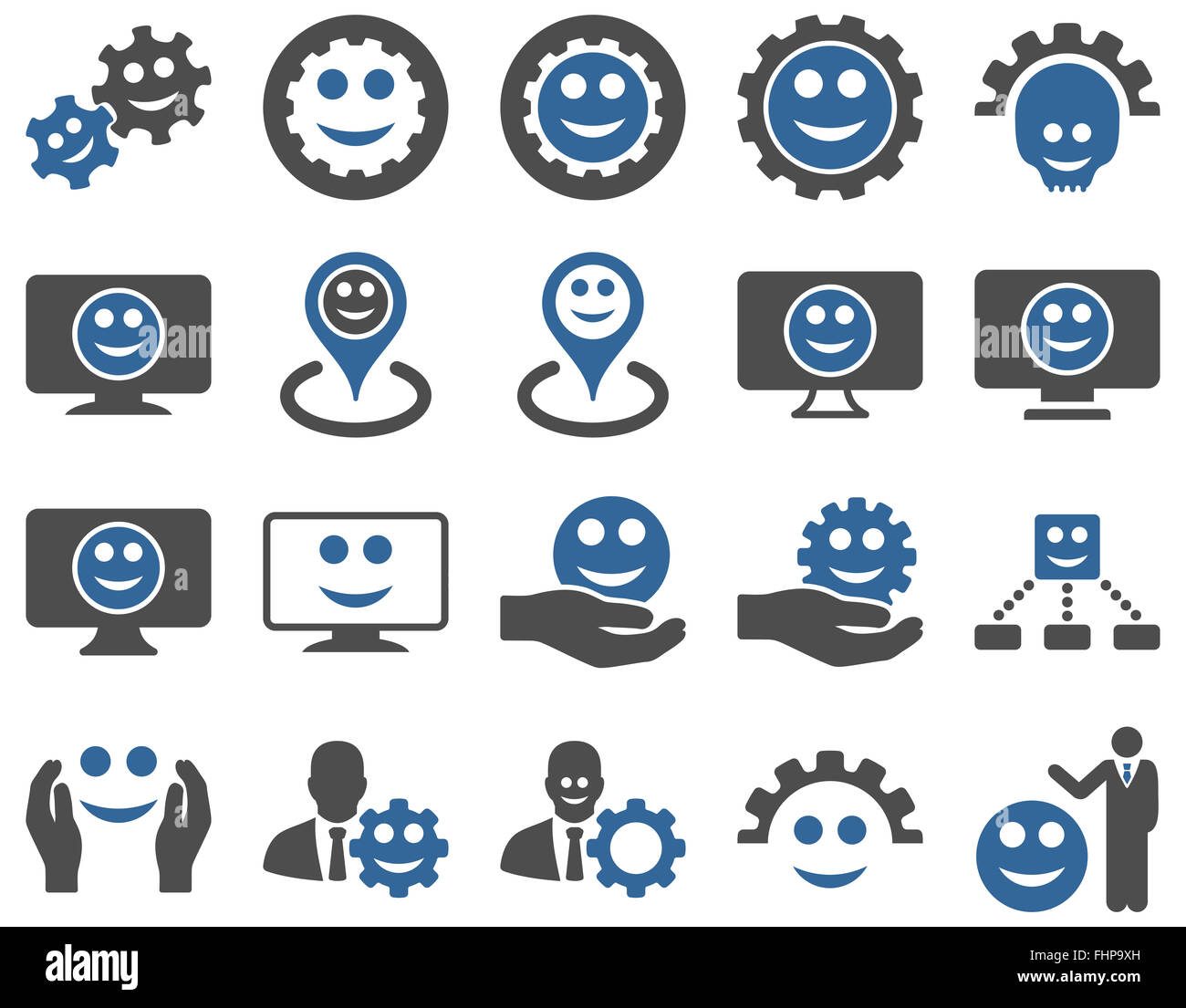 Strumenti, ingranaggi, sorrisi, i marcatori mappa icone. Foto Stock