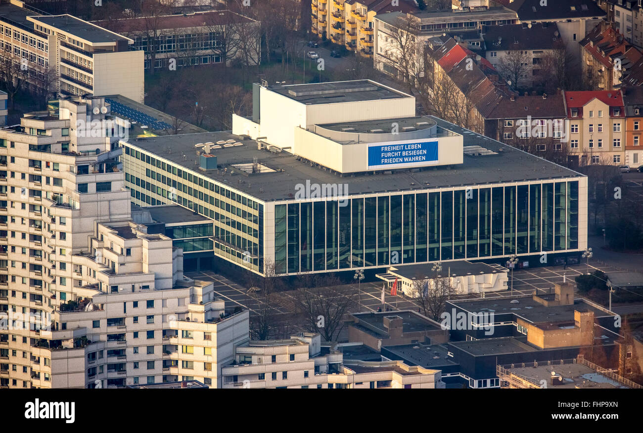 Vista aerea, MIR, Musiktheater im Revier di Gelsenkirchen, teatro musicale, poster vita libertà paura sconfitta, PACE VERA,Gelsenkirchen Foto Stock
