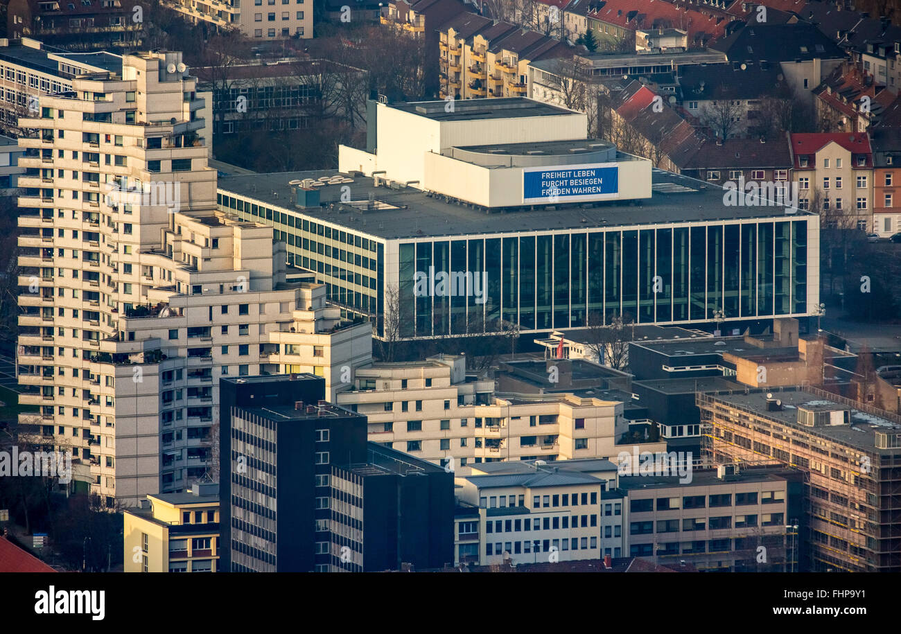 Vista aerea, MIR, Musiktheater im Revier di Gelsenkirchen, teatro musicale, poster vita libertà paura sconfitta, PACE VERA,Gelsenkirchen Foto Stock