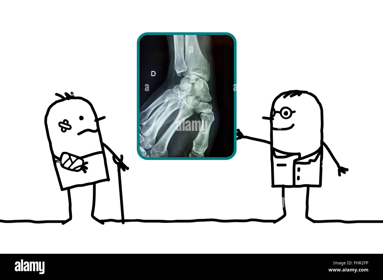 Cartoon uomo ferito suo canto e medico che mostra un x-ray Foto Stock