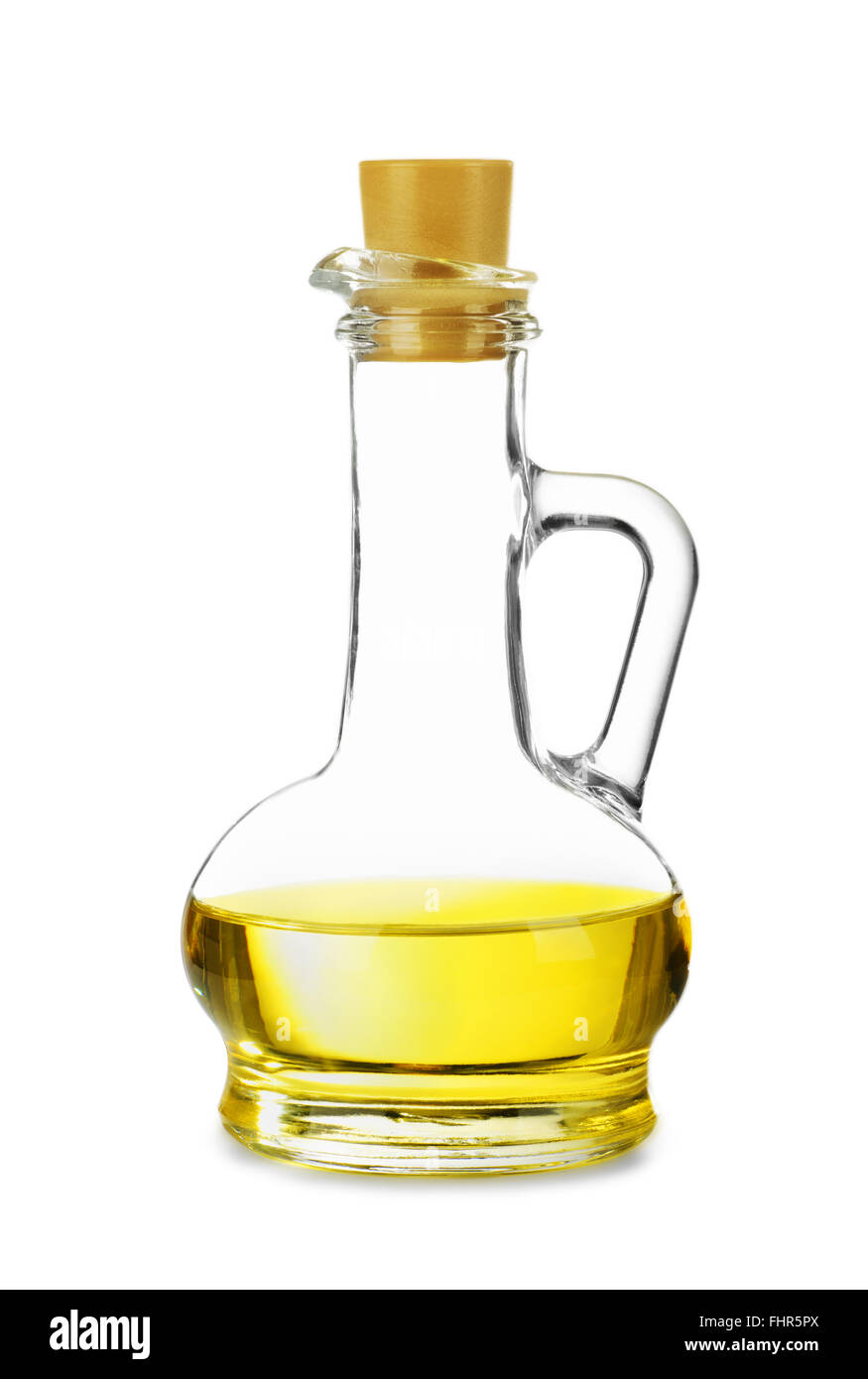 Decanter con olio di semi di girasole isolati su sfondo bianco Foto Stock