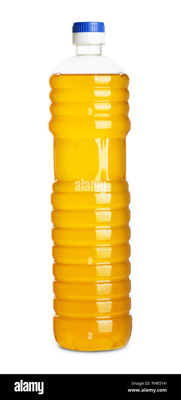 Bottiglia di plastica di olio di semi di girasole isolato su uno sfondo bianco. Foto Stock