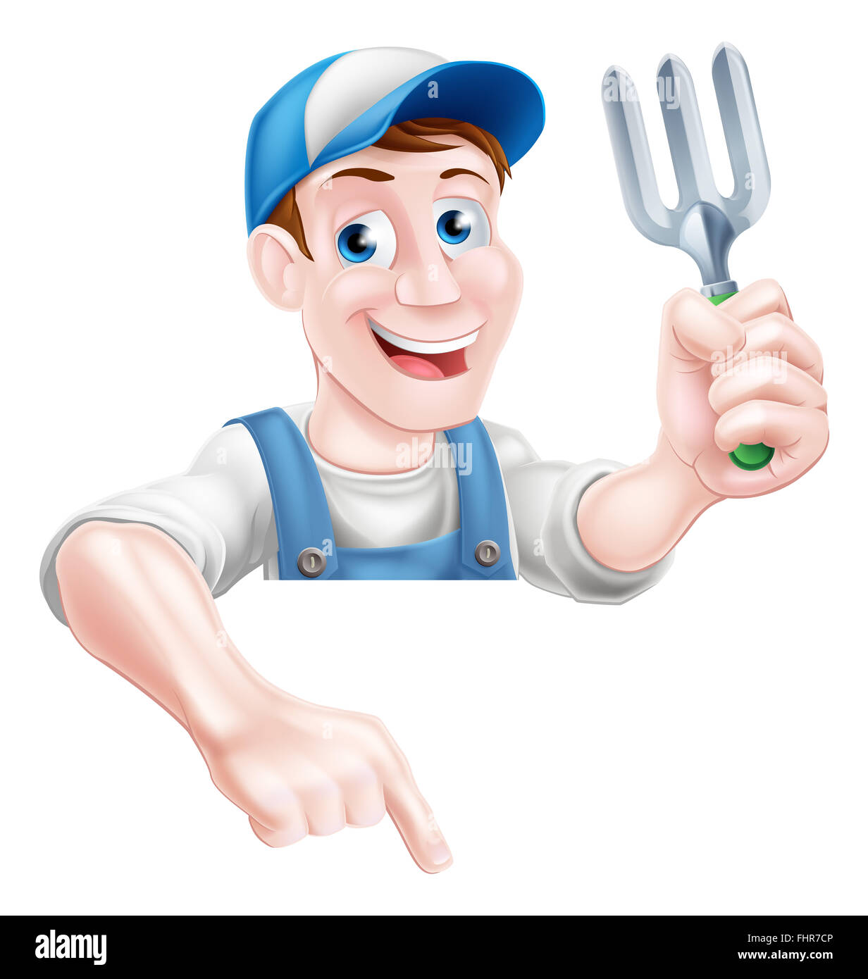 Un cartoon mascotte di giardinaggio giardiniere uomo con una forcella di giardino e puntamento Foto Stock