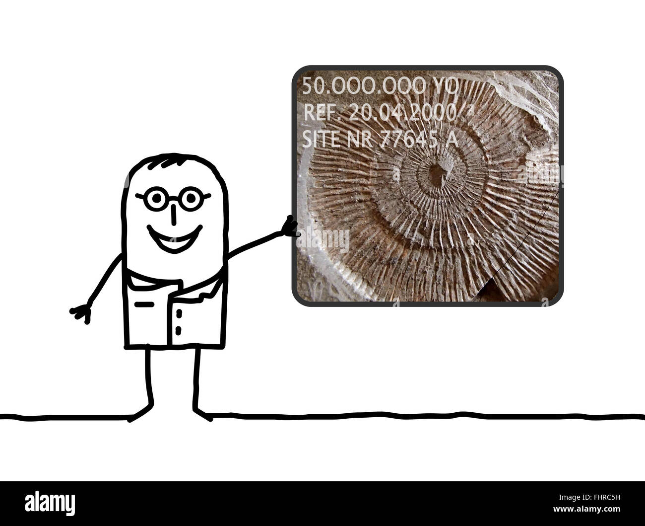 Cartoon uomo paleontologo che mostra un fossile Foto Stock
