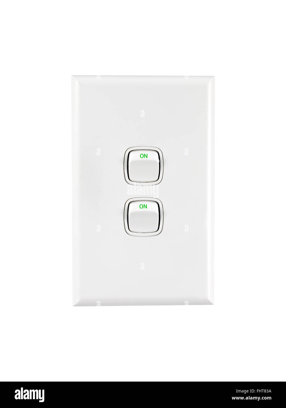 Un bianco doppio interruttore luce accesa Foto Stock