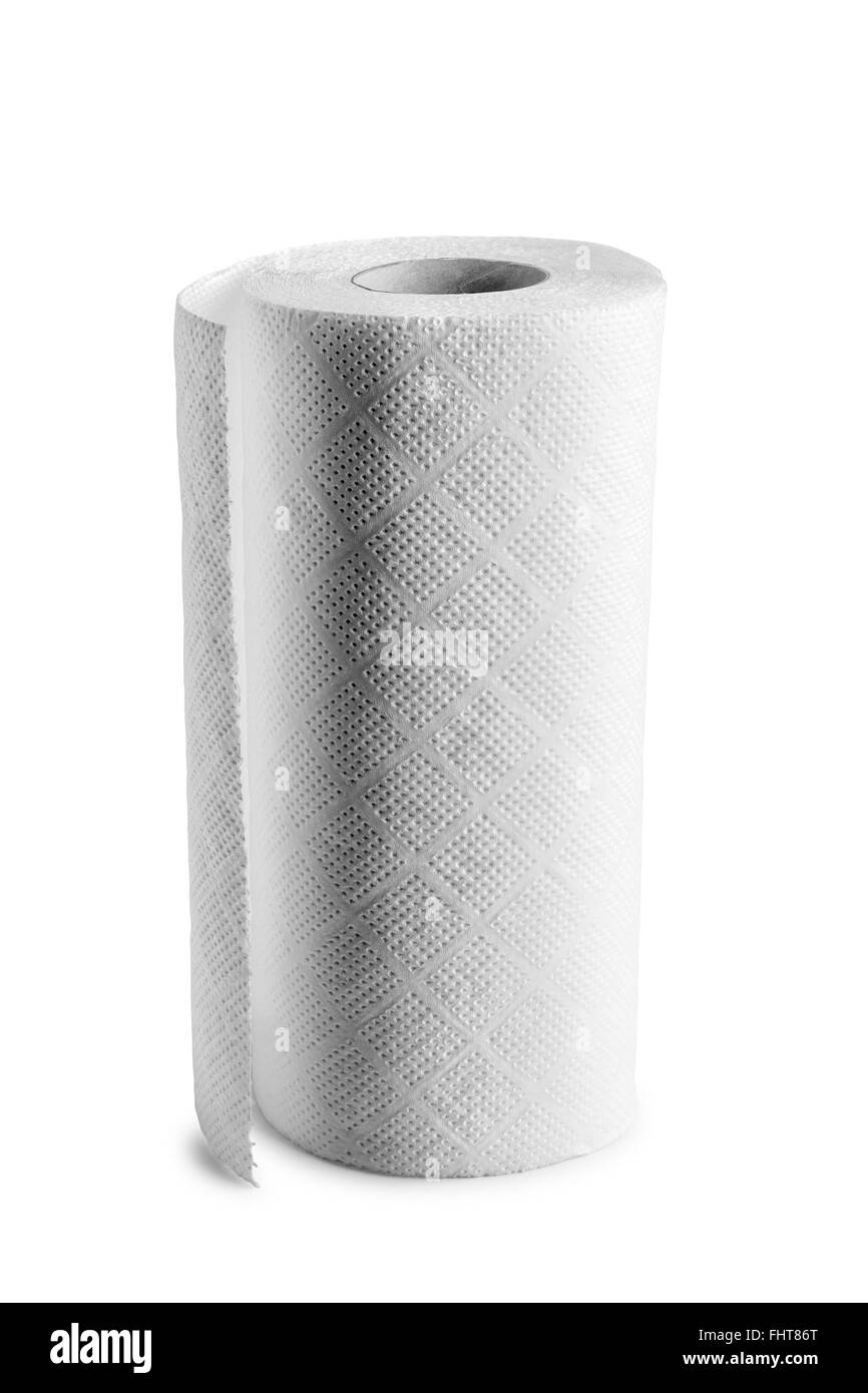 Pulizia di rotolo di asciugamani di carta isolato su sfondo bianco Foto Stock
