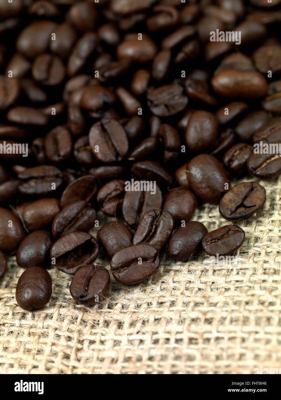 Il caffè fresco fagioli su marrone hessian sacchi Foto Stock