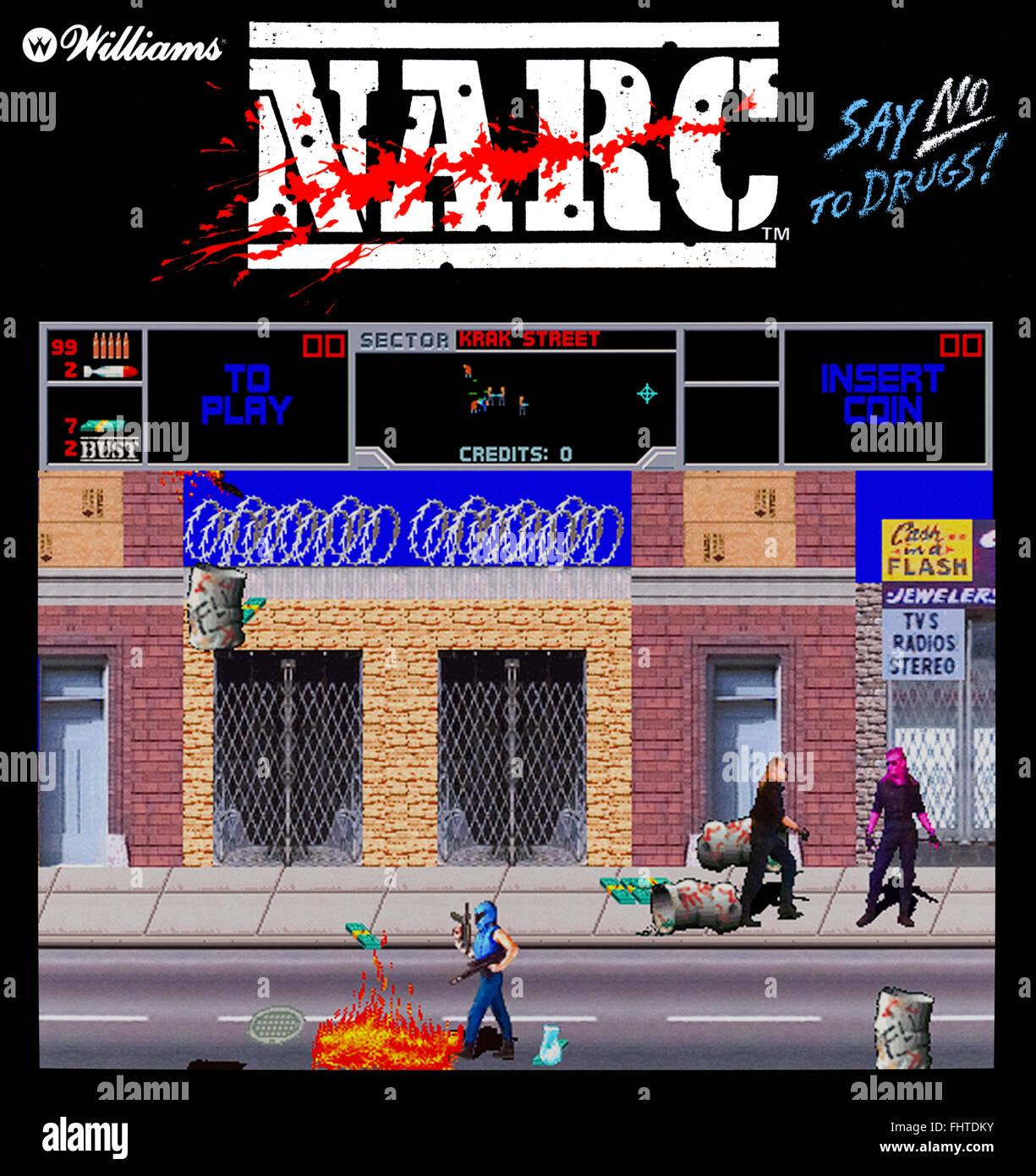 "Narco' arcade game prodotto da Williams nel 1988 con l'anti-droga slogan 'say no alla droga". Immagine mostrata è una immagine composita che mostra il gioco e la macchina arcade marque. Foto Stock