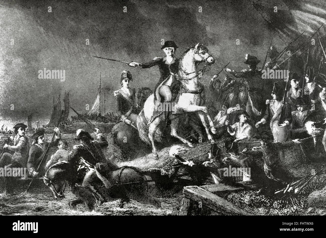 La guerra rivoluzionaria americana (1775-1783). La battaglia di Long Island o la Battaglia di Brooklyn(27 Agosto 1776). Ritiro dell esercito continentale di George Washington. Incisione. Foto Stock