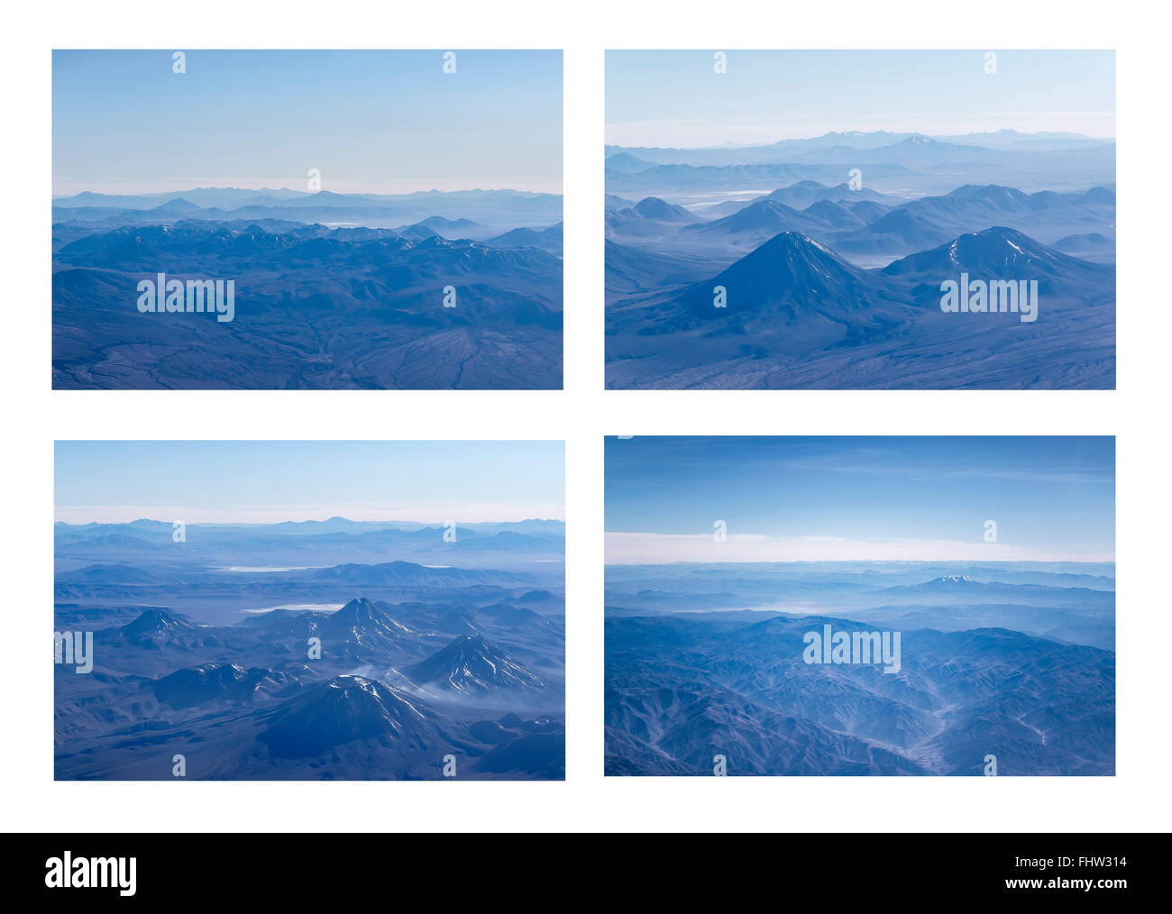 Stile griglia set fotografico raccolta di vista aerea delle Ande paesaggi di montagna piano finestra scatti. Foto Stock