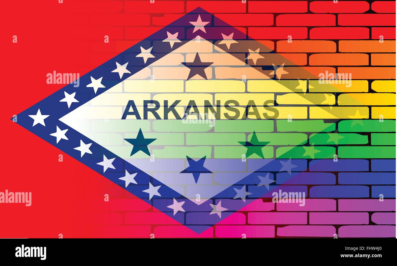 Un ben indossati parete dipinta con un arcobaleno LGBT con l'Arkansas flag di stato Illustrazione Vettoriale
