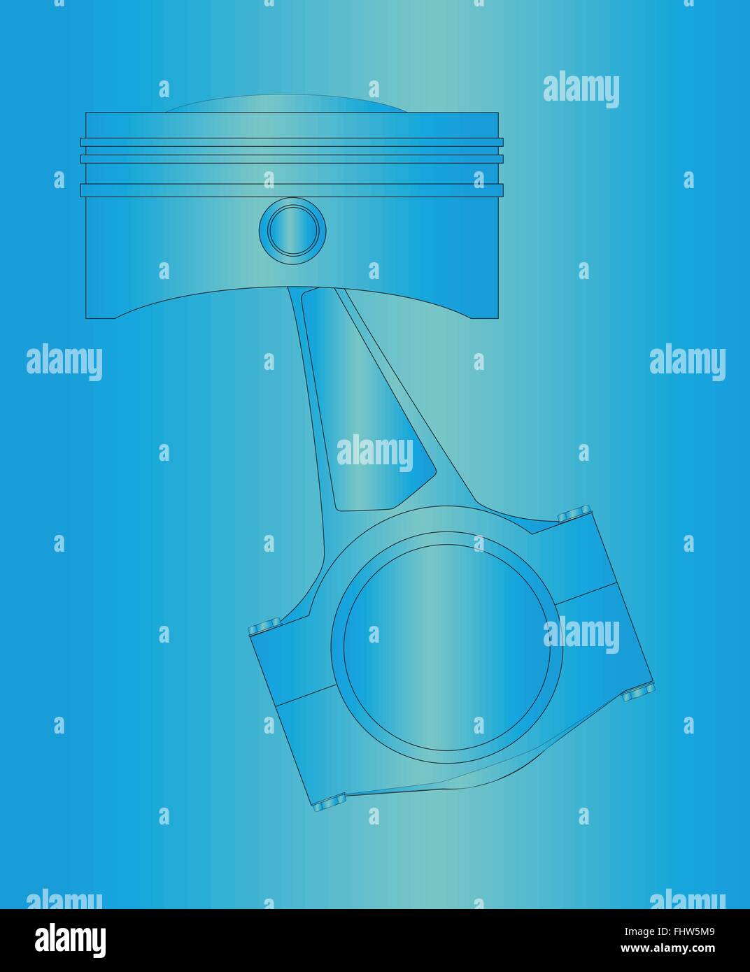 Un pistone di un motore a benzina o diesel con la biella in posizione. oltre un blueprint sfondo stile Illustrazione Vettoriale