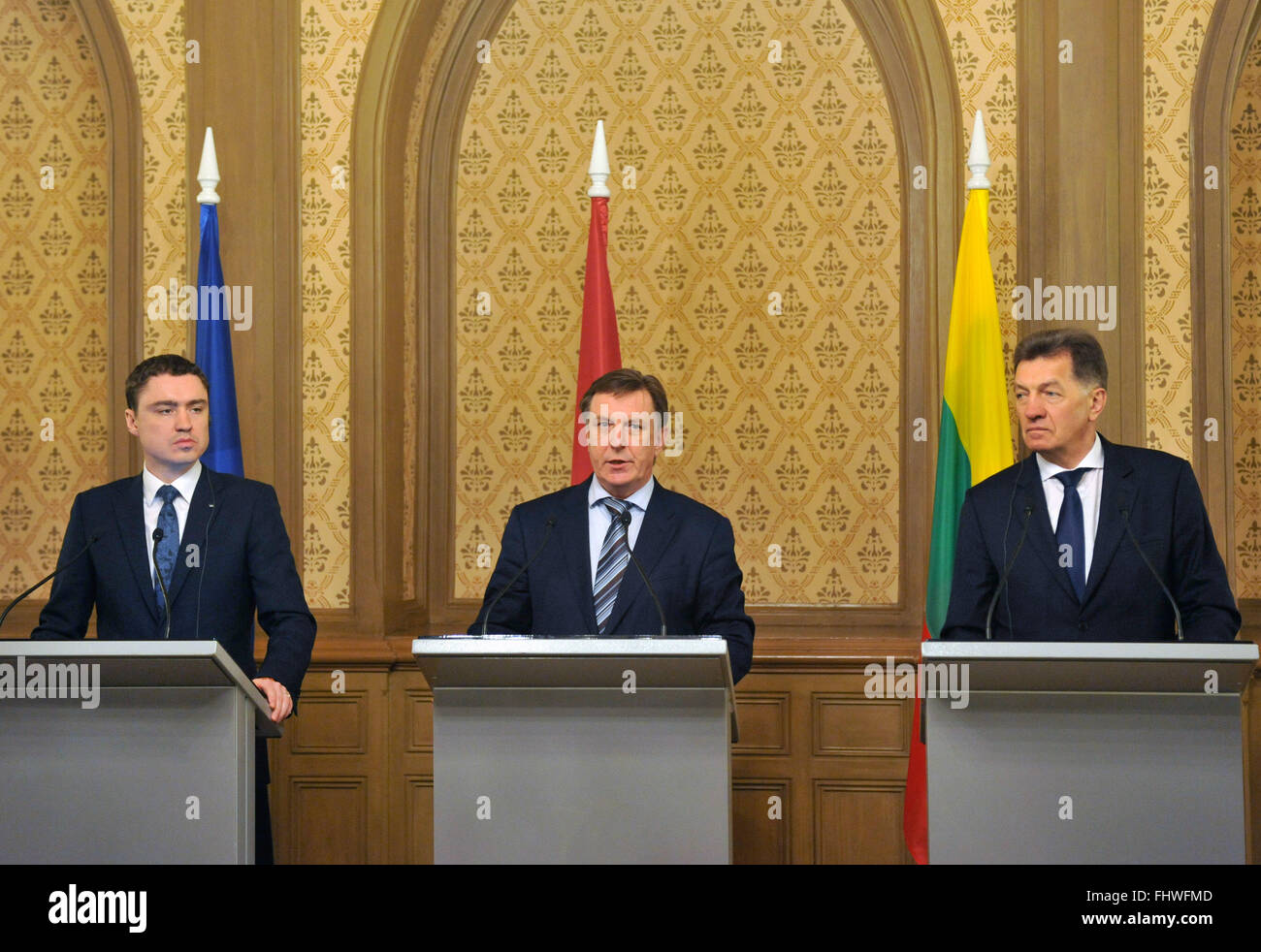 Riga, Lettonia. 26 Febbraio, 2016. Estone di Primo Ministro Taavi Roivas (L), Lettone Primo Ministro Maris Kucinskis (C) e il Primo ministro lituano, Algirdas Butkevicius (R) di partecipare alla conferenza stampa dopo la loro riunione a Riga, Lettonia, nel febbraio 26, 2016. © Guo Qun/Xinhua/Alamy Live News Foto Stock