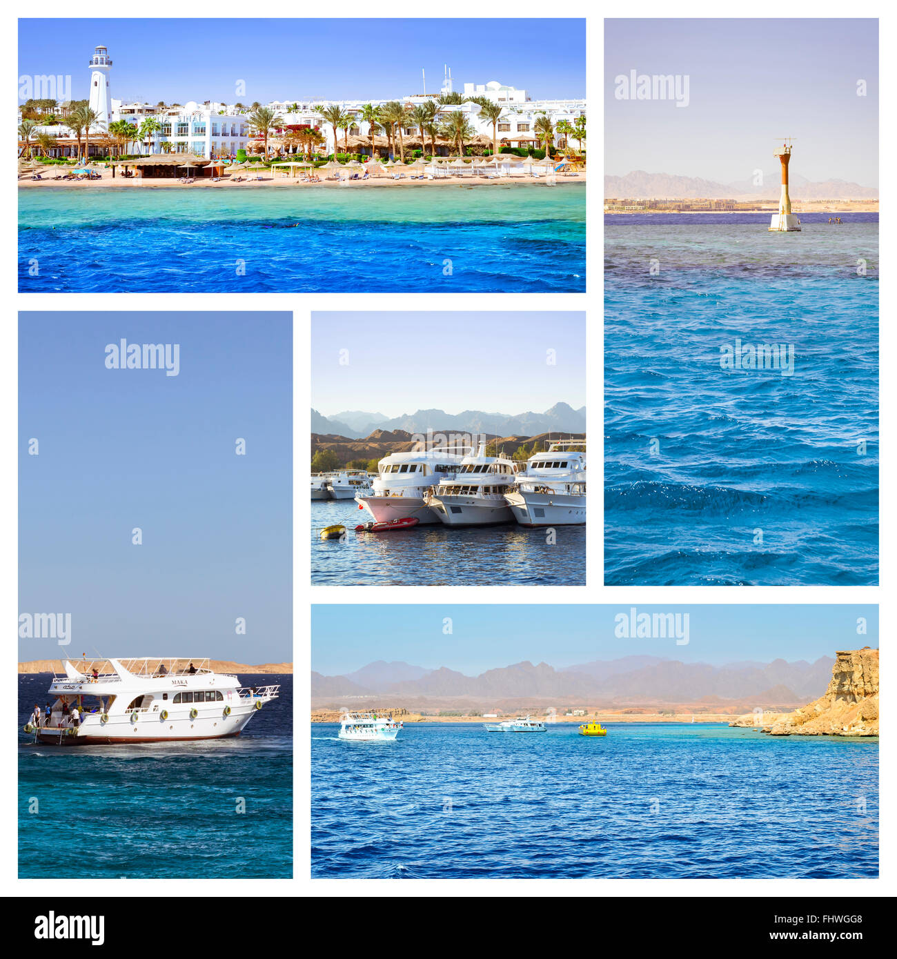 SHARM EL SHEIKH, Egitto - 25 febbraio 2014: collage con immagini di turista gite in barca. Sunny crociera sul Mar Rosso su bianco yacht Foto Stock