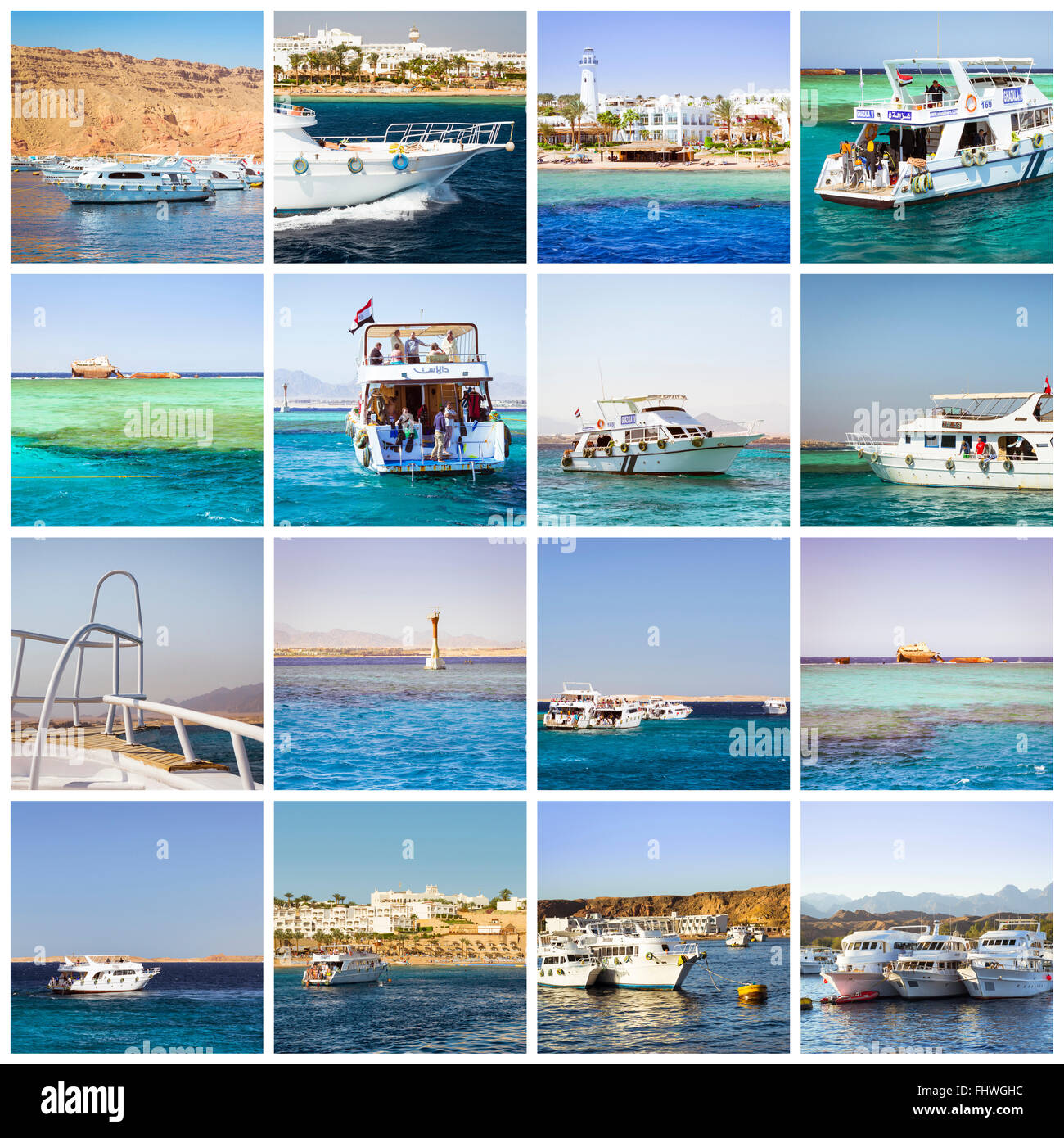SHARM EL SHEIKH, Egitto - 25 febbraio 2014: collage con immagini di turista gite in barca. Sunny crociera sul Mar Rosso su bianco yacht Foto Stock