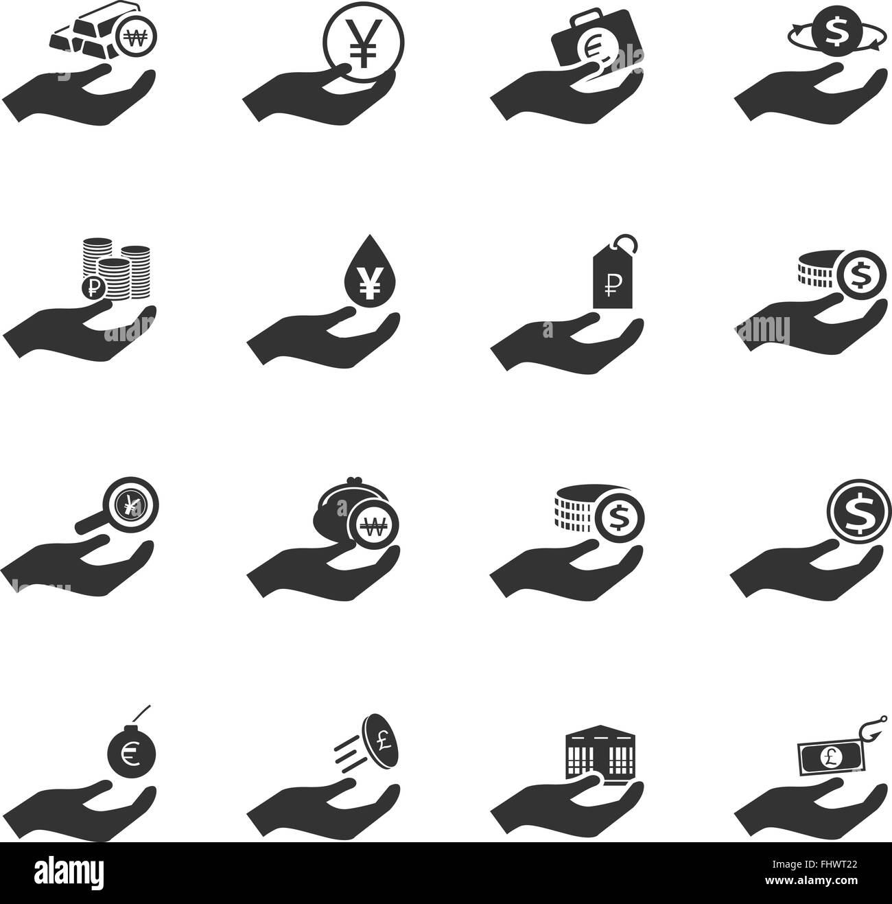 Mano e denaro set di icone Illustrazione Vettoriale