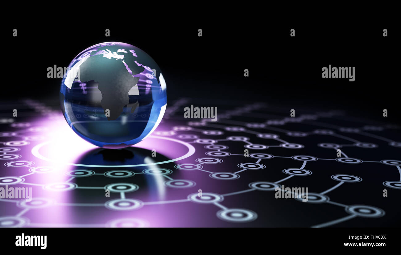 La sfera del mondo realizzato in vetro su una rete con effetto di sfocatura. Immagine è blu e viola tonica e su sfondo nero Foto Stock