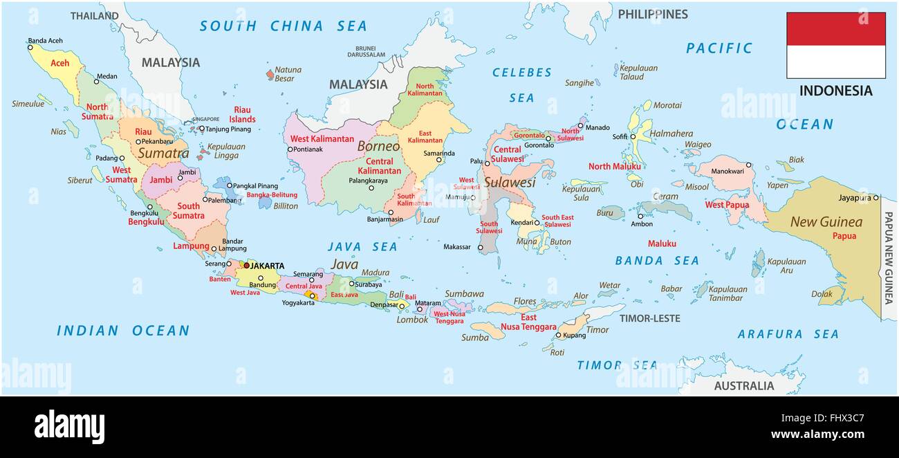 Indonesia mappa amministrativa con bandiera Illustrazione Vettoriale