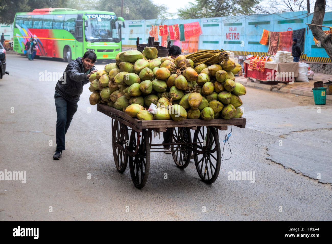 Venditore ambulante di noci di cocco in New Delhi, India, Asia Foto Stock