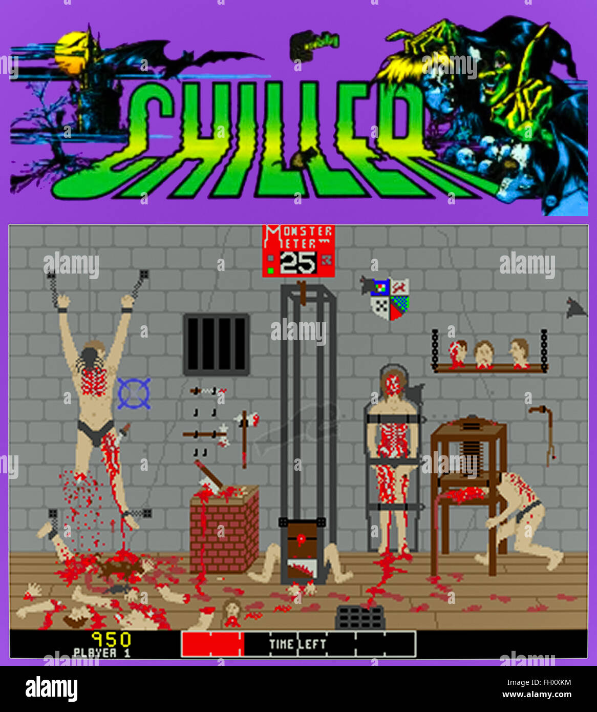 Gioco arcade "Chiller" prodotto da Exidy nel 1986, l'obiettivo del giocatore è uccidere vittime apparentemente innocenti e sfortunate. L'immagine mostrata è un'immagine composita che mostra l'azione di gioco e il marchio arcade. Foto Stock