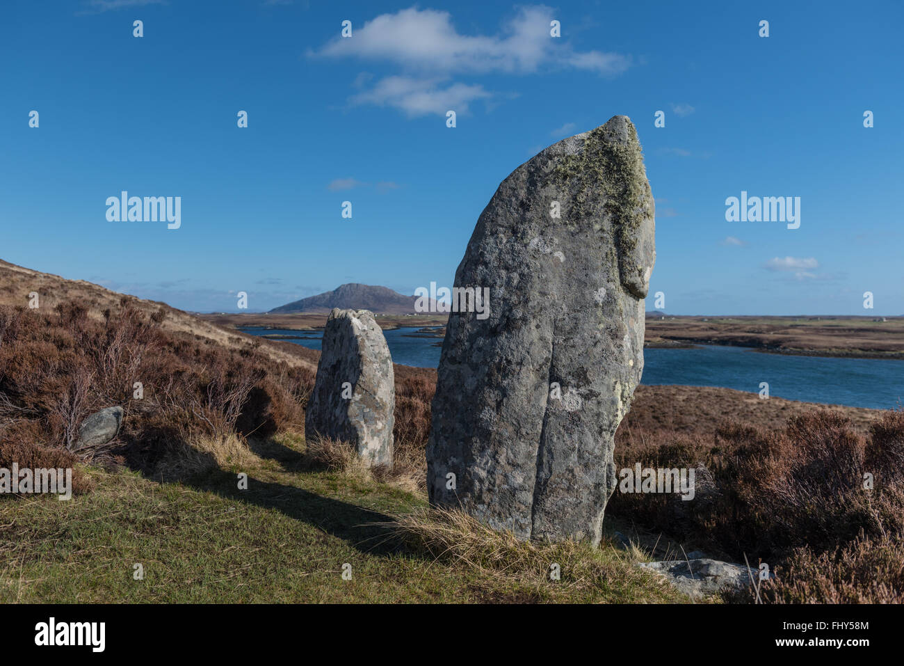 Pobull Fhinn un cerchio di pietra sulle pendici del Beinn Langais su North Uist Foto Stock