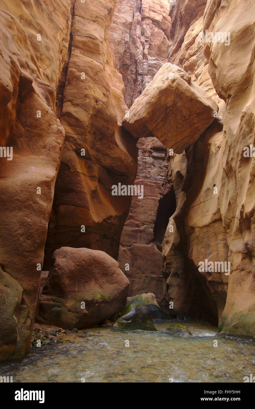 Caduto il cubo di arenaria in uno slot canyon in arenaria, Wadi Mujib Riserva, Giordania Foto Stock