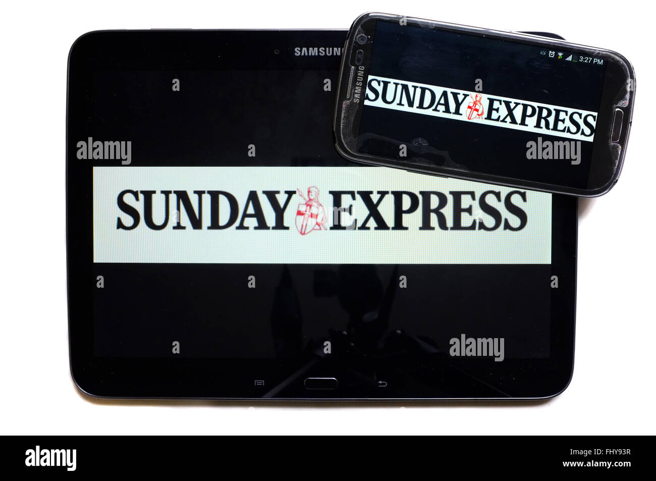 Il logo del Sunday Express giornale visualizzati sugli schermi di un tablet e uno smartphone. Foto Stock