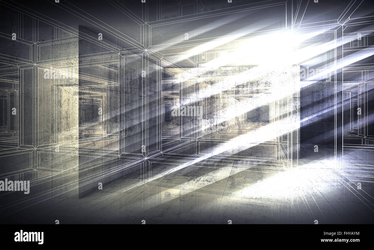 Abstract interni digitali 3D sfondo, prospettiva a filo in vista del telaio del corridoio scuro Foto Stock
