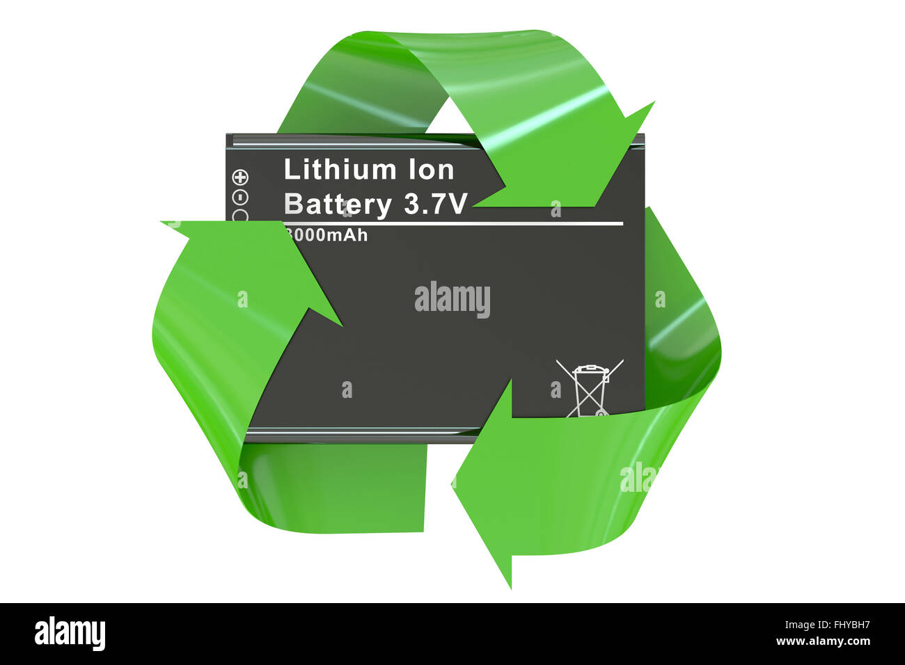 Batteria o accumulatore per telefono con simbolo di riciclaggio Foto Stock