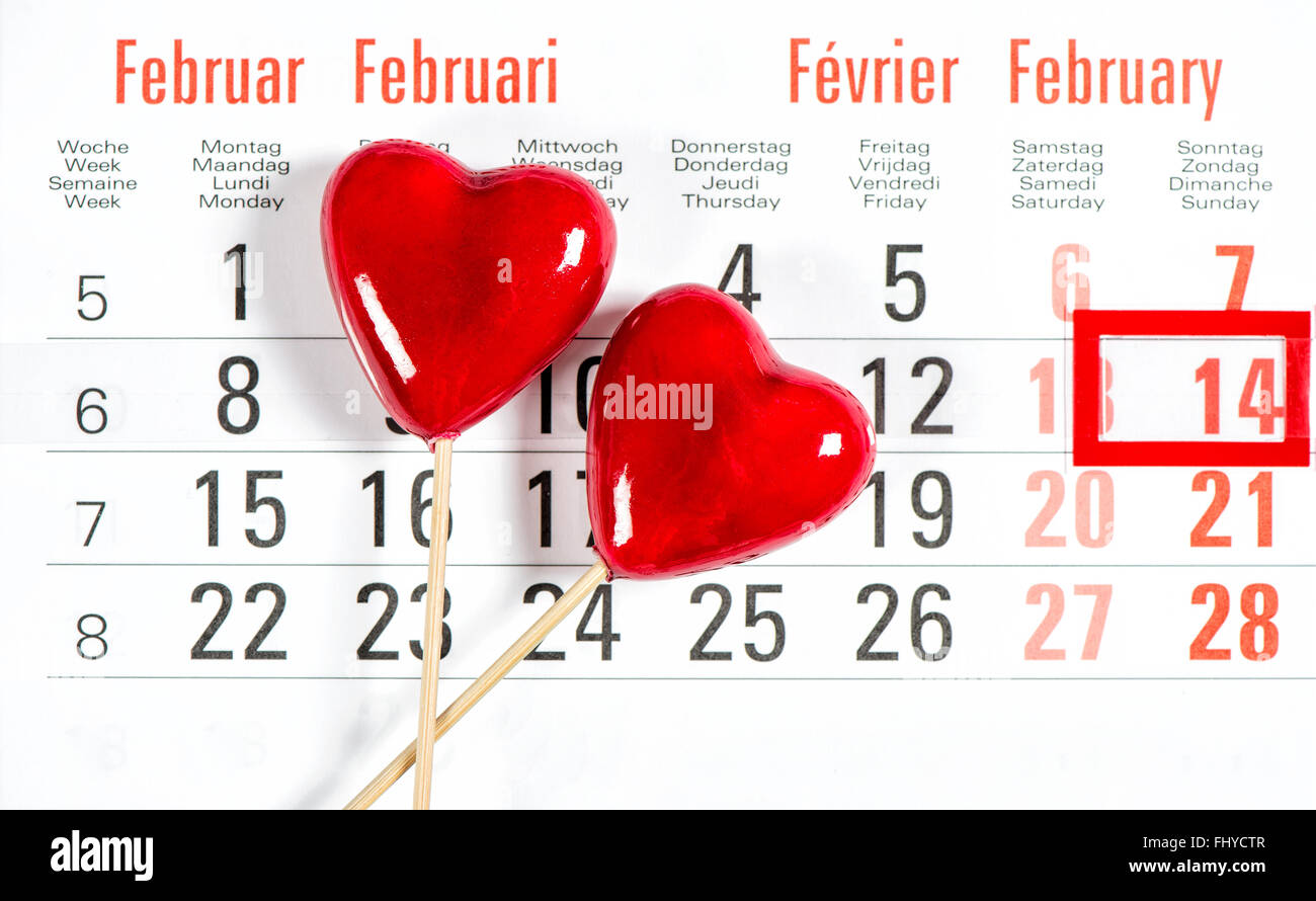 Il giorno di San Valentino Calendario. 14 febbraio. Decorazione cuore rosso Foto Stock