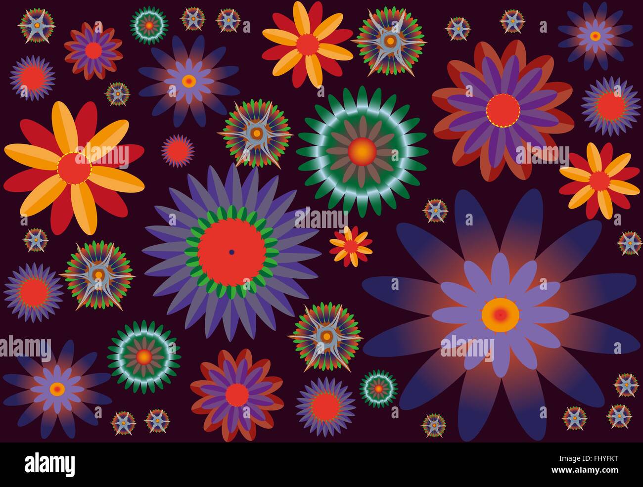Fiori colorati di varie dimensioni su sfondo scuro. Sfondo digitale modello di vettore. Illustrazione Vettoriale