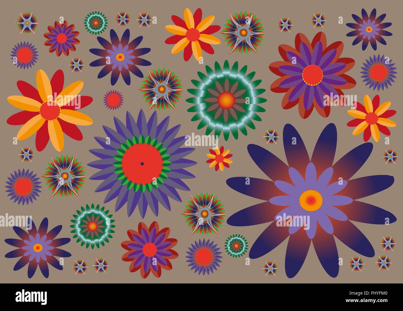 Fiori colorati di varie dimensioni. Sfondo digitale modello di vettore. Illustrazione Vettoriale