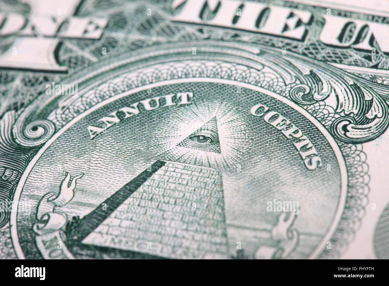 Frammento di un dollaro. occhio e piramide closeup Foto Stock