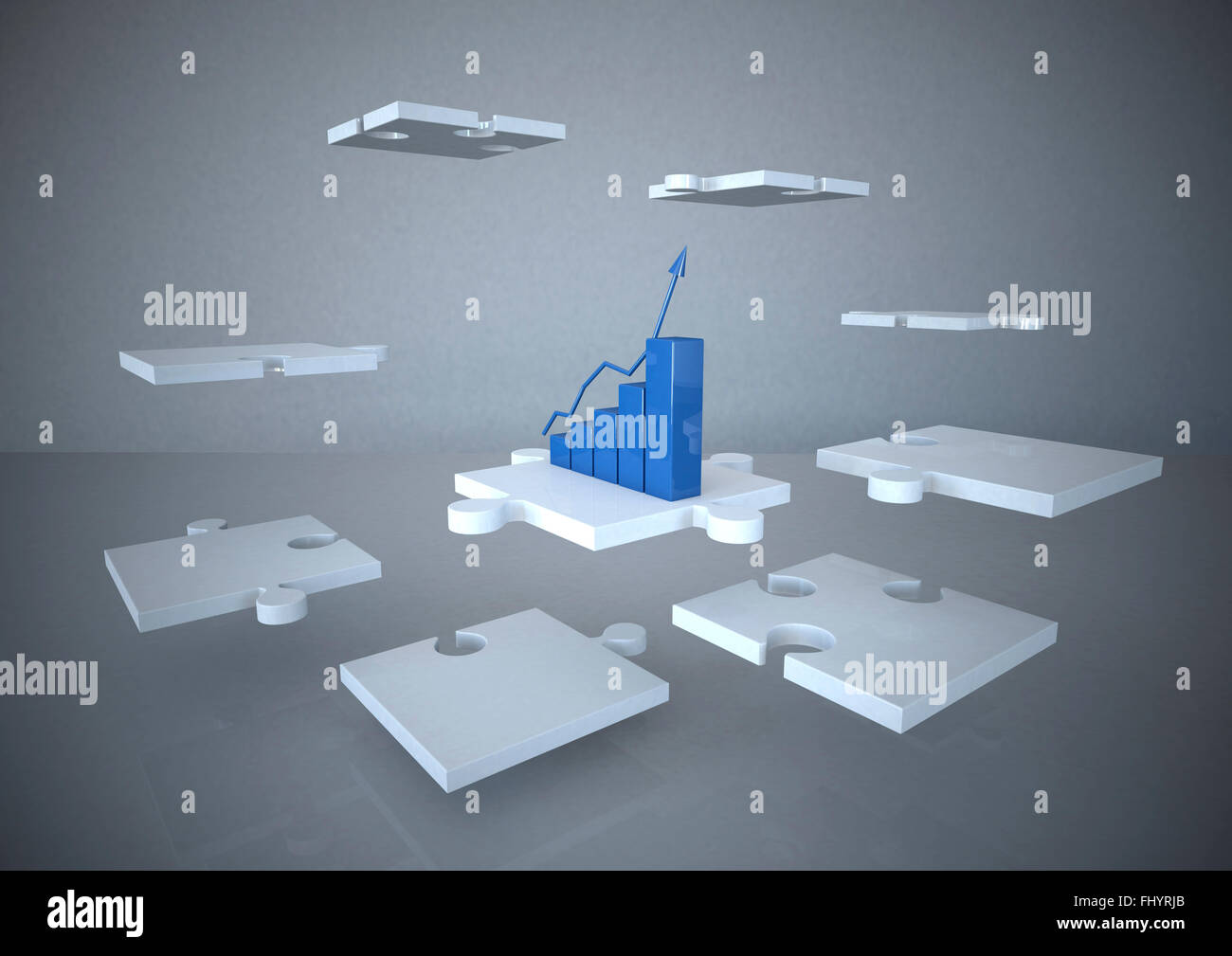 Rendering 3d, il concetto di affari, successo, schema crescente con il bianco i pezzi del puzzle Foto Stock