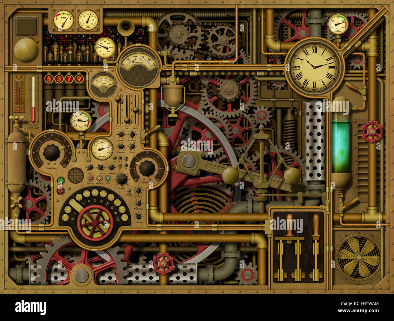 Un background Steampunk con orologi, quadranti, ingranaggi e ruote dentate, le tubazioni e gli interruttori. Foto Stock